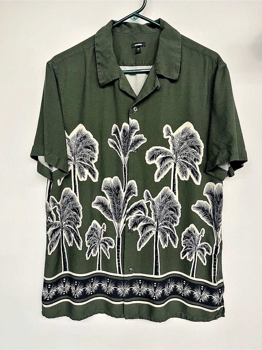 Express Palm Tree Bordered Rayon Short Sleeve Shirt